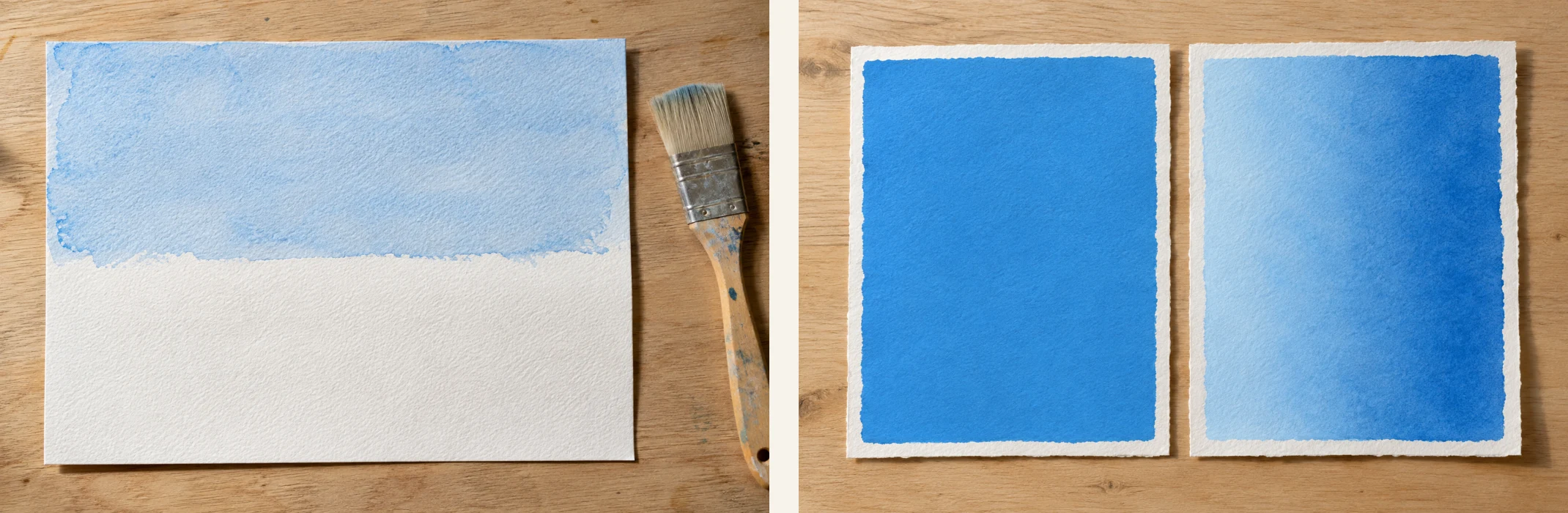 À gauche un ciel uniforme et sans côté clair, à droite le même bleu avec un côté clair tenu d'un bout à l'autre