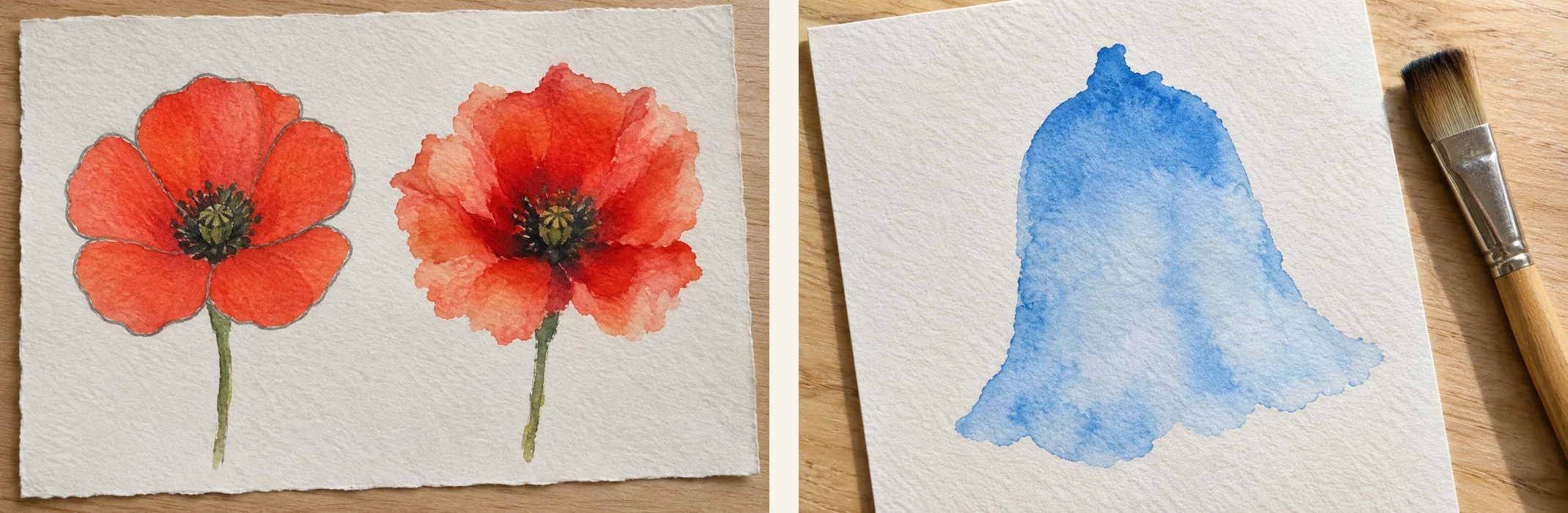 À gauche une fleur peinte à l'intérieur d'un contour, à droite la même fleur posée d'un seul tenant